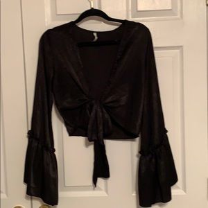 Satin blacked crop tie blouse
